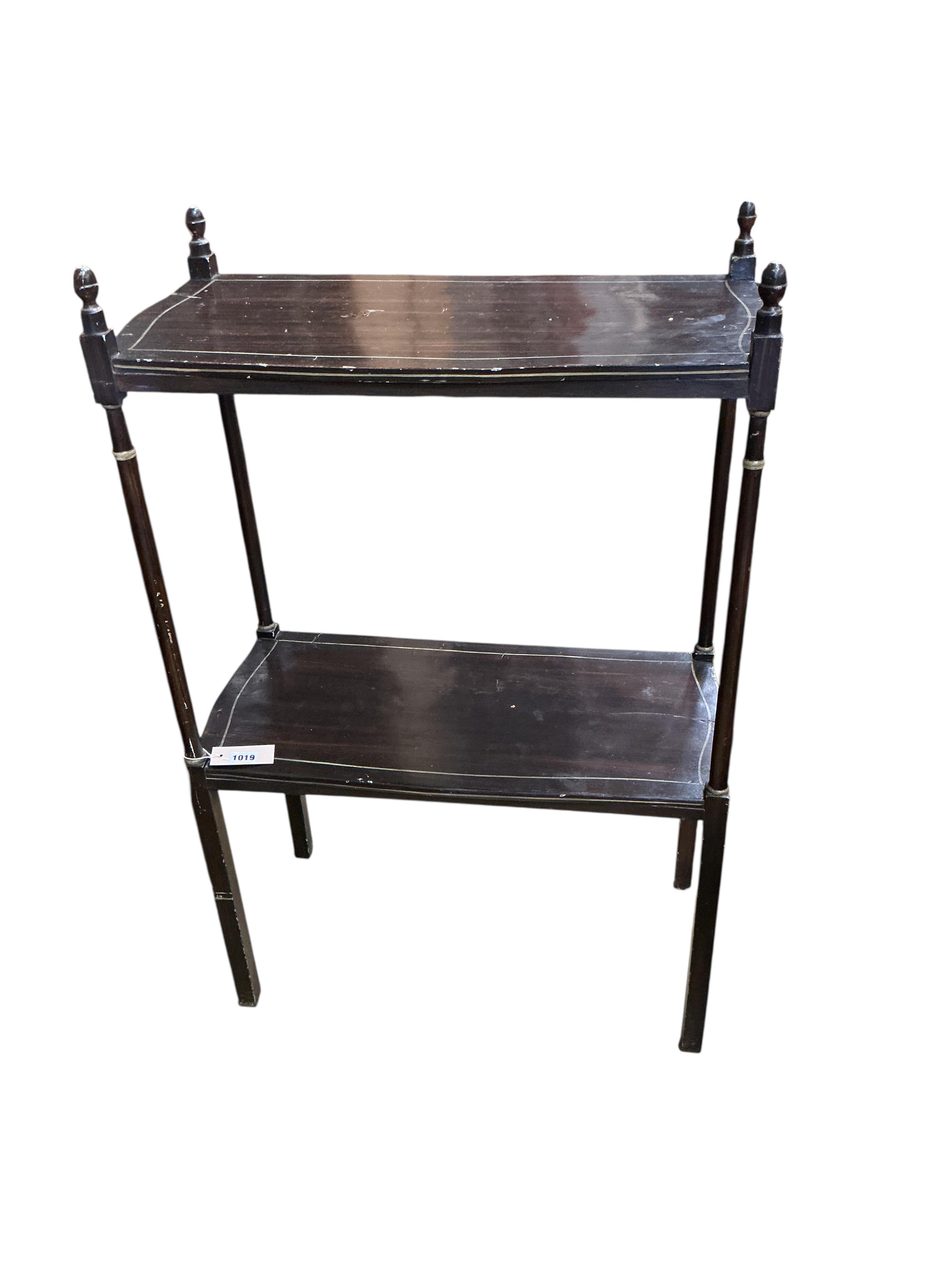 A Regency style simulated rosewood side table and another similar two tier etagere, width 62cm, depth 30cm, height 92cm